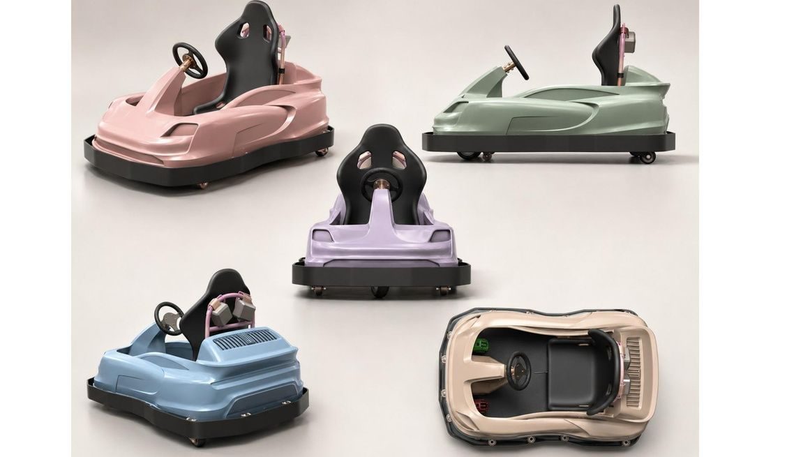 Ride-on karts in a soft pastel palette